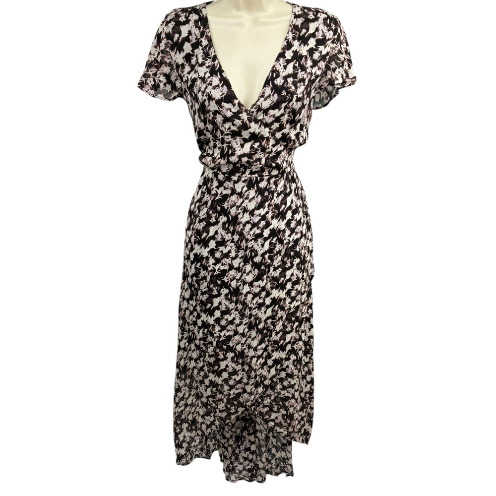 Talula Aritzia‎ Black Floral Wrap Midi Dress Asymmetrical Hem Wedding Guest 8